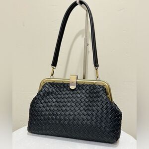 Black Premium Woven Cowhide Retro Metal Frame & Push Lock Handbag, Crossbody